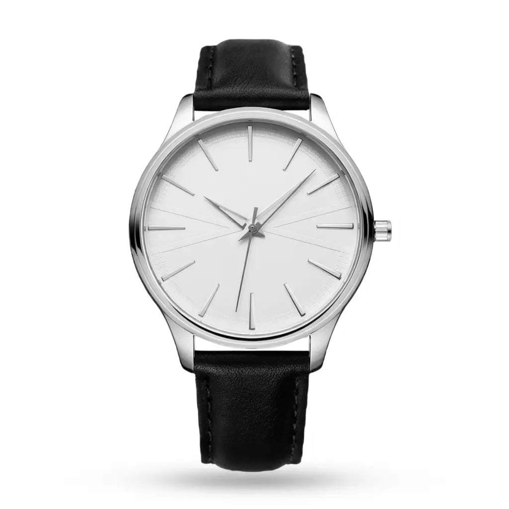Relógio Masculino Analógico Prata Pulseira de Couro Preta Casual Social