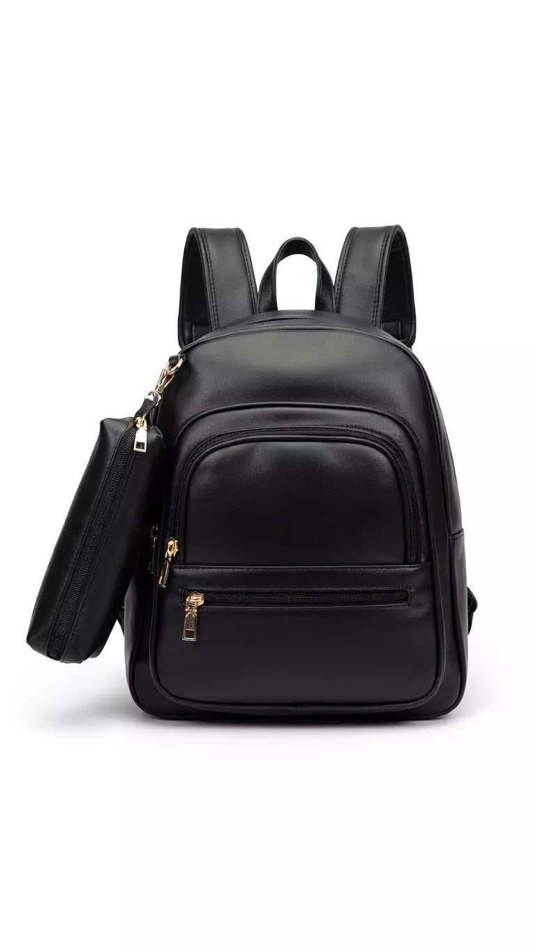 Mochila Feminina Minimalista Couro Sintético Preto com Estojo Unissex