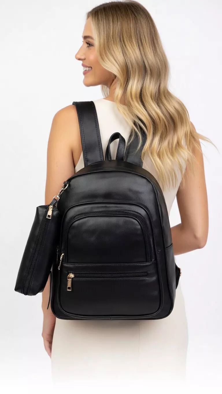 Mochila Feminina Minimalista Couro Sintético Preto com Estojo Unissex