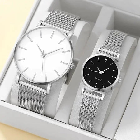Kit Relógios Minimalistas Unissex Aço Inoxidável Pulseira Mesh Preto e Branco