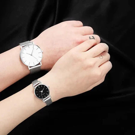 Kit Relógios Minimalistas Unissex Aço Inoxidável Pulseira Mesh Preto e Branco
