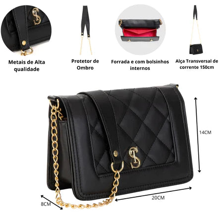 Bolsa Feminina Transversal Matelassê Preta com Alça de Corrente Casual Elegante