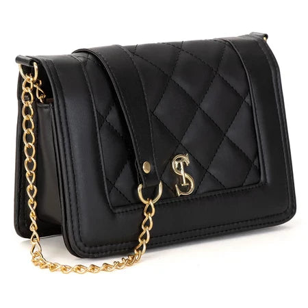 Bolsa Feminina Transversal Matelassê Preta com Alça de Corrente Casual Elegante